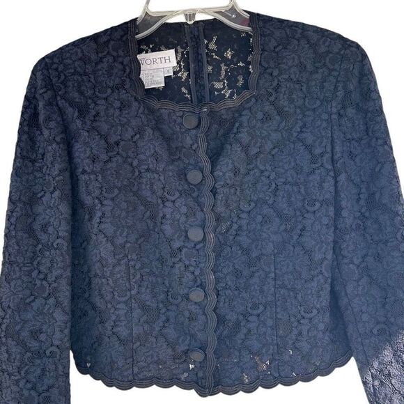 Vintage WORTH Evening Lace Jacket Women's Size 8 Black Scalloped Trim Cropped - Picture 1 of 15